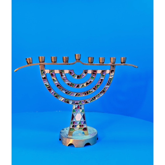 Hanukkah Menorah 9 Branch Brass Enamel Candle Holder 7" Tall Made in Israel - Picture 13 of 14